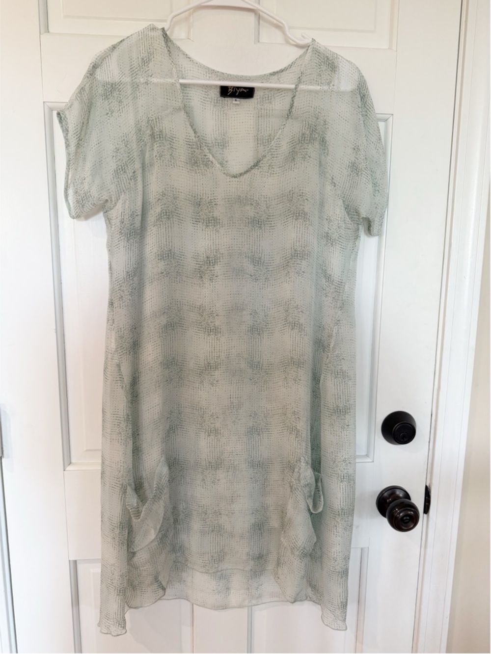 Biya 100% Silk Printed Shift Dress Mint Green Cap Sleeve Pockets Size Small